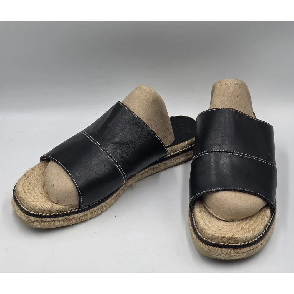 COACH Lola Espadrille Slide Sandals Black Leather Women's 8B J 237